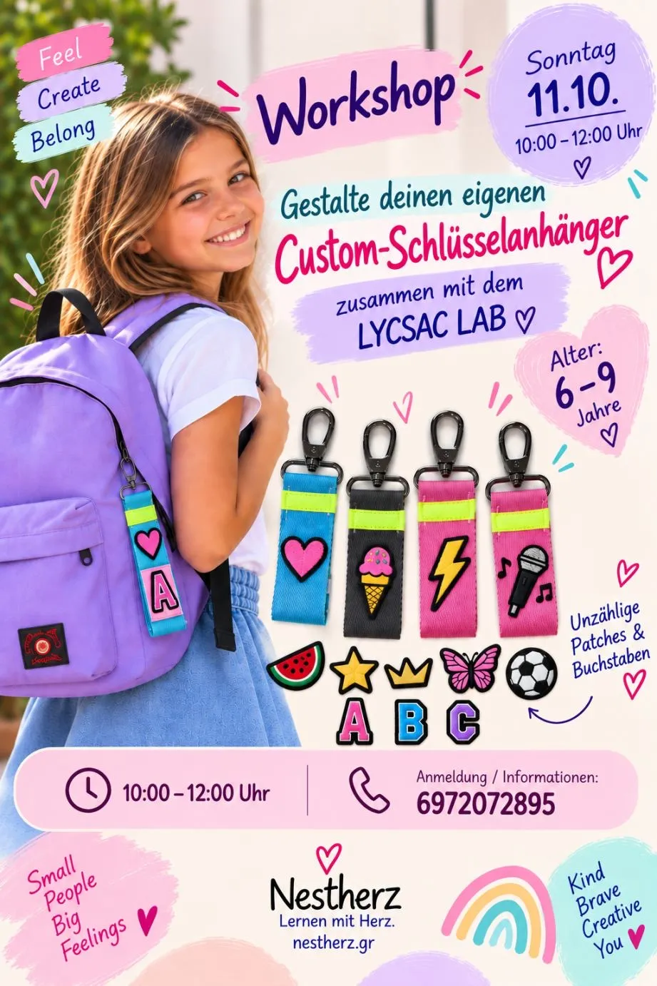 Workshop poster: a smiling girl with a purple backpack and a custom keyring, next to colourful keyrings with patches and letters